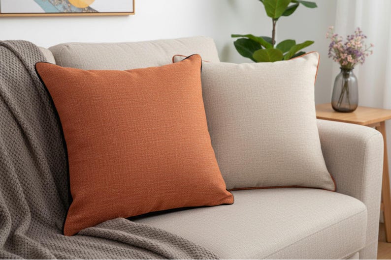 May include: Two square throw pillows on a beige sofa. One pillow is a solid burnt orange with a black trim, the other is a light beige with a brown trim. A gray blanket is draped over the sofa.