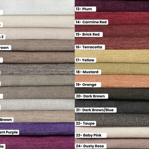 May include: A fabric swatch color chart with 24 different colors, including white, cream, brown, tan, beige, plum, red, terracotta, yellow, orange, and pink. Each color swatch is labeled with a number and the color name.