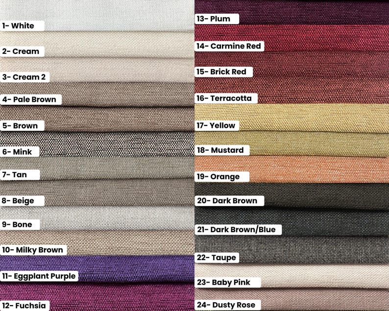 May include: A fabric swatch color chart with 24 different colors, including white, cream, brown, tan, beige, plum, red, terracotta, yellow, orange, and pink. Each color swatch is labeled with a number and the color name.