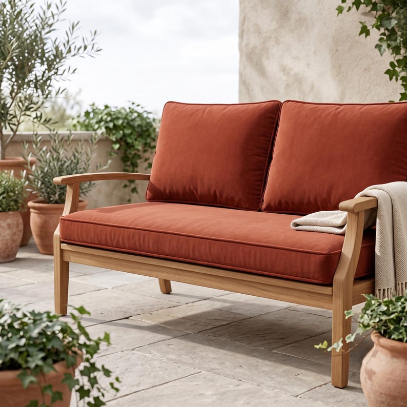 K&ouml;nnte beinhalten: Ein zweisitziges Outdoor-Sofa aus hellem Holz mit dicken, weichen Polstern in einem kr&auml;ftigen Rostorange. Das Gestell verf&uuml;gt &uuml;ber geschwungene Armlehnen, und ein gefaltetes cremefarbenes Textil liegt &uuml;ber der rechten Seite des Sofas.