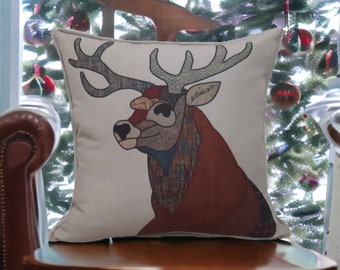 Patchwork Linen Throw Pillow Cover, Beige Decorative Pillows, 18x18 Linen Pillow Cover, Square Deer Cushion Case, Reindeer Print Pillow