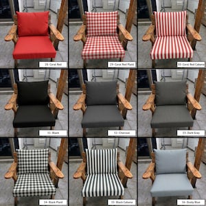 May include: A collection of nine outdoor chair cushion sets, each featuring a square back cushion and a square seat cushion. The patterns include solid colours, gingham plaid, and vertical stripes in coral red, black, charcoal, dark grey, and dusty blue.