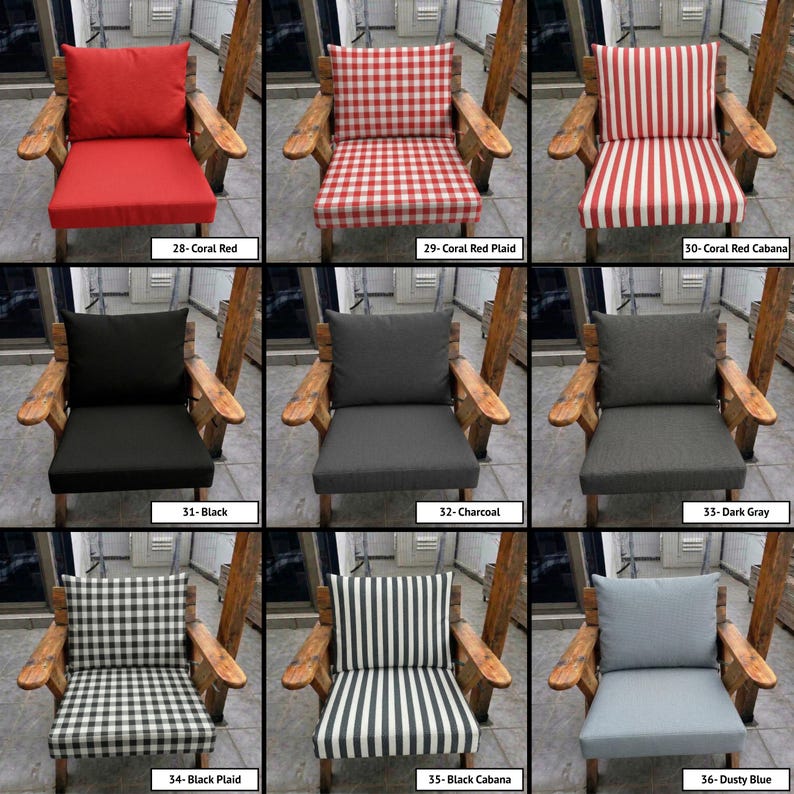 May include: A collection of nine outdoor chair cushion sets, each featuring a square back cushion and a square seat cushion. The patterns include solid colours, gingham plaid, and vertical stripes in coral red, black, charcoal, dark grey, and dusty blue.
