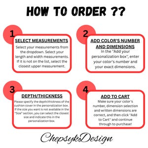 K&ouml;nnte beinhalten: Eine Anleitungsgrafik mit dem Titel &bdquo;HOW TO ORDER ??&ldquo; zeigt vier Schritte zur Bestellung eines Produkts. Die Schritte, nummeriert von 1 bis 4, erkl&auml;ren, wie man Ma&szlig;e ausw&auml;hlt, Farbe und Abmessungen hinzuf&uuml;gt, Tiefe/Dicke angibt und zum Warenkorb hinzuf&uuml;gt. Das Chepsyk Design-Logo befindet sich unten.