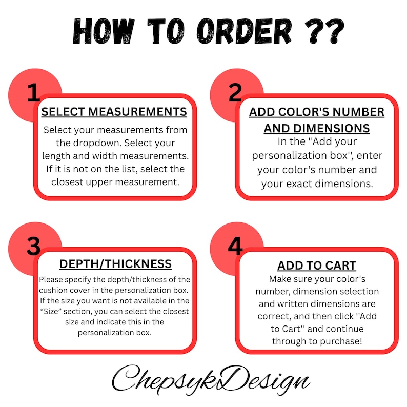 K&ouml;nnte beinhalten: Eine Anleitungsgrafik mit dem Titel &bdquo;HOW TO ORDER ??&ldquo; zeigt vier Schritte zur Bestellung eines Produkts. Die Schritte, nummeriert von 1 bis 4, erkl&auml;ren, wie man Ma&szlig;e ausw&auml;hlt, Farbe und Abmessungen hinzuf&uuml;gt, Tiefe/Dicke angibt und zum Warenkorb hinzuf&uuml;gt. Das Chepsyk Design-Logo befindet sich unten.
