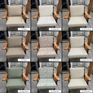 May include: A grid of nine wooden armchairs featuring various cushion sets labelled 37 through 45. The cushions include solid beige, stone, and sage green, palm leaf patterns in beige, stone, and sage, and striped patterns in yellow, beige-grey, and sage.