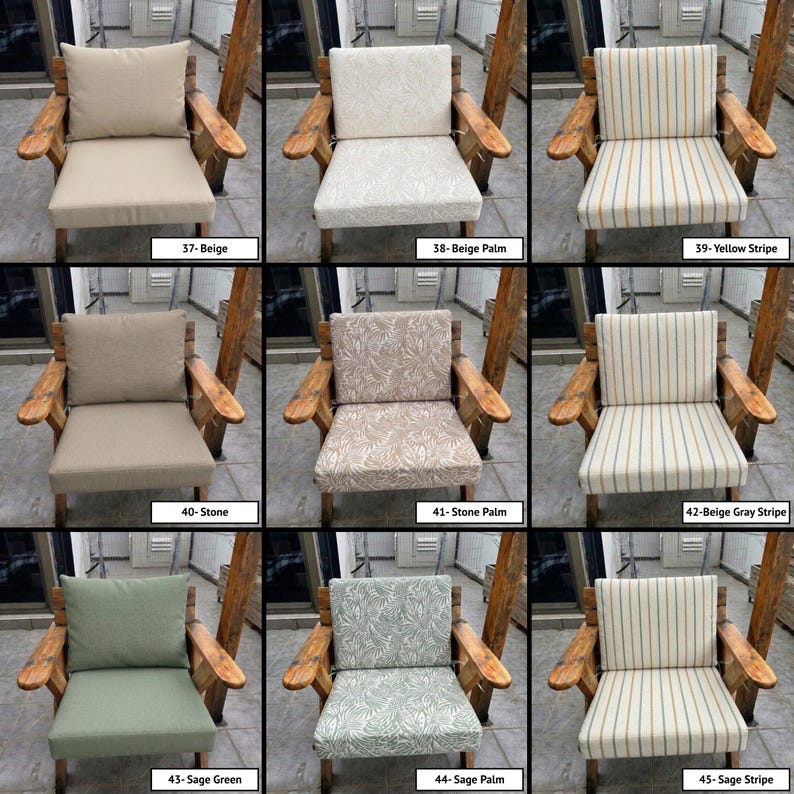 May include: A grid of nine wooden armchairs featuring various cushion sets labelled 37 through 45. The cushions include solid beige, stone, and sage green, palm leaf patterns in beige, stone, and sage, and striped patterns in yellow, beige-grey, and sage.