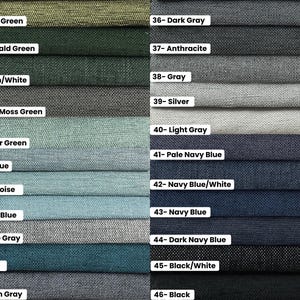 May include: A swatch card showing 21 different fabric colors and textures. The colors range from green to blue to gray and black. Each color swatch is labeled with a number and a descriptive name.
