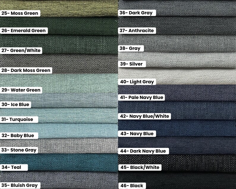 May include: A swatch card showing 21 different fabric colors and textures. The colors range from green to blue to gray and black. Each color swatch is labeled with a number and a descriptive name.