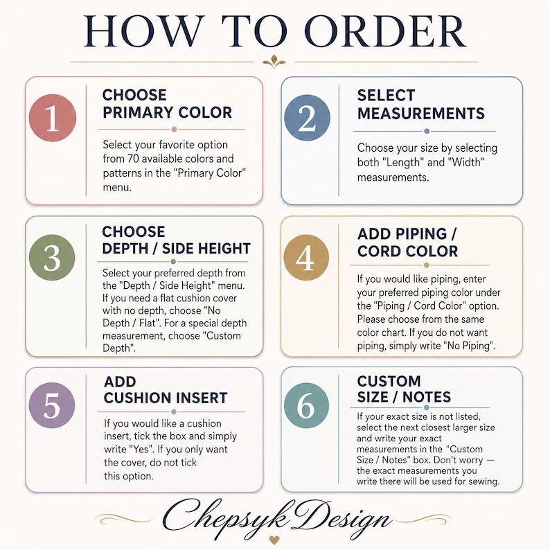 May include: An instructional graphic titled HOW TO ORDER with six numbered steps for ordering custom cushions. It details selecting primary colours, measurements, depth, piping colour, cushion inserts, and custom notes, ending with the brand name Chepsyk Design.