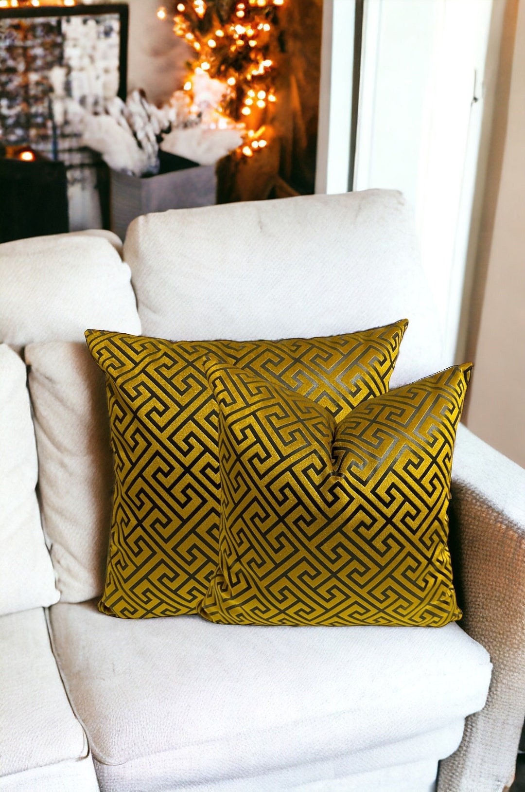 Luxury Mustard Velvet Throw Pillow Cover, Black Print Pillow Case