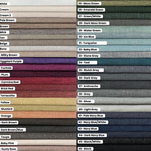 May include: A color chart with 46 fabric swatches, each labeled with a number and a color name. The swatches range from white to black and include various shades of brown, green, blue, red, and pink.