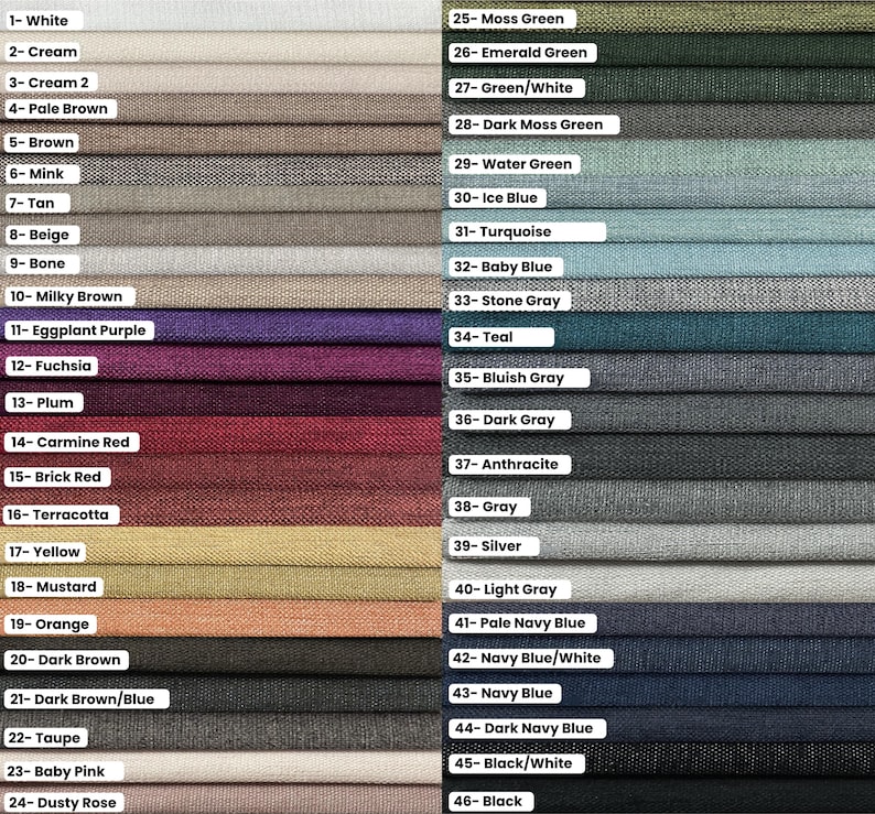 May include: A color chart with 46 fabric swatches, each labeled with a number and a color name. The swatches range from white to black and include various shades of brown, green, blue, red, and pink.