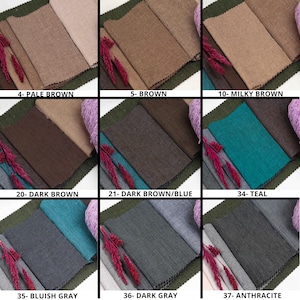 May include: A fabric swatch card with nine different fabric samples. The samples are arranged in three rows of three. The colors of the fabric samples are: pale brown, brown, milky brown, dark brown, dark brown/blue, teal, bluish gray, dark gray, and anthracite.