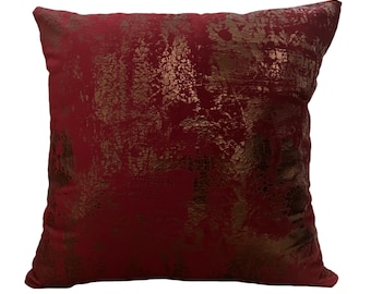 Burgundy Copper Velvet Pillow Cover, Bronze Foil Print Pillow Cover, Designer Cushions for Livingroom Couch and Sofa, Luxury Throw Pillows