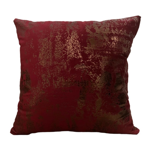 Burgundy Copper Velvet Pillow Cover, Bronze Foil Print Pillow Cover, Designer Cushions for Livingroom Couch and Sofa, Luxury Throw Pillows