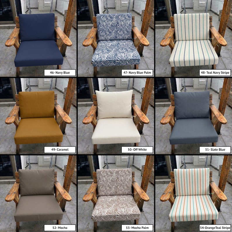 May include: A grid of nine wooden chairs featuring various cushion styles: 46-Navy Blue, 47-Navy Blue Palm, 48-Teal Navy Stripe, 49-Caramel, 50-Off White, 51-Slate Blue, 52-Mocha, 53-Mocha Palm, and 54-Orange Teal Stripe, each labelled accordingly.