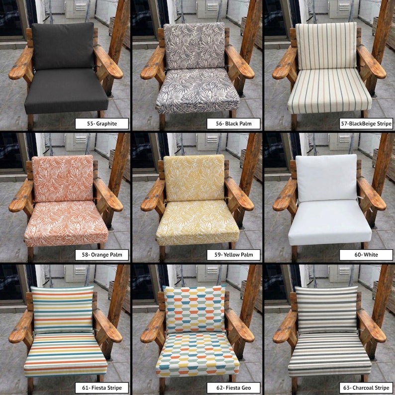 May include: A collection of nine wooden armchairs featuring various seat and back cushions in different patterns and colours, labelled 55-Graphite, 56-Black Palm, 57-BlackBeige Stripe, 58-Orange Palm, 59-Yellow Palm, 60-White, 61-Fiesta Stripe, 62-Fiesta Geo, 63-Charcoal Stripe.