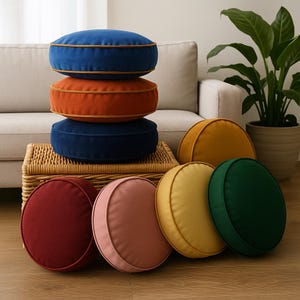 Round Velvet Pillow Cover, Piped Trim Cushion, Custom Color, Soft Decorative Throw Pillow, Handmade Round Cushion Cover