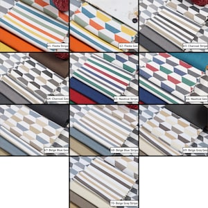 May include: A grid of ten fabric swatches featuring various patterns and colors. Labels include 61-Fiesta Stripe, 62-Fiesta Geo, 63-Charcoal Stripe, 64-Charcoal Geo, 65-Nautical Stripe, 66-Nautical Geo, 67-Beige Blue Geo, 68-Beige Blue Stripe, 69-Beige Gray Geo, and 70-Beige Gray Stripe.