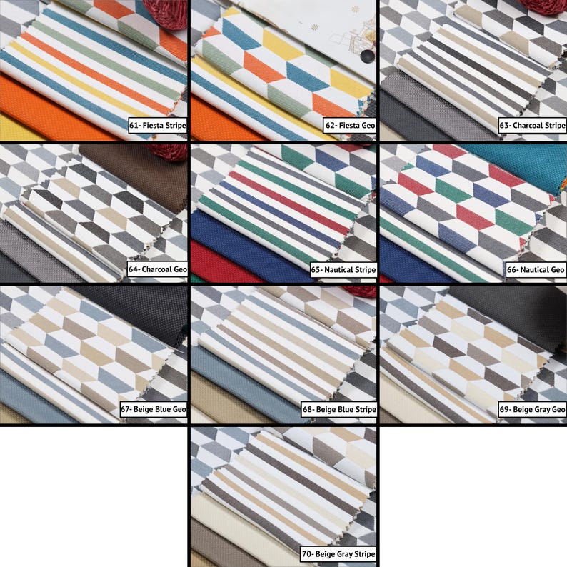 May include: A grid of ten fabric swatches featuring various patterns and colors. Labels include 61-Fiesta Stripe, 62-Fiesta Geo, 63-Charcoal Stripe, 64-Charcoal Geo, 65-Nautical Stripe, 66-Nautical Geo, 67-Beige Blue Geo, 68-Beige Blue Stripe, 69-Beige Gray Geo, and 70-Beige Gray Stripe.