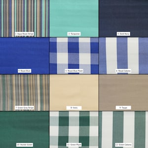 May include: A grid of twelve fabric swatches featuring various patterns and colors: 1-Aqua Royal Stripe, 2-Turquoise, 3-Dark Navy, 4-Royal Blue, 5-Royal Blue Plaid, 6-Royal Cabana, 7-Green Gray Stripe, 8-Ivory, 9-Taupe, 10-Hunter Green, 11-Green Plaid, 12-Green Cabana.