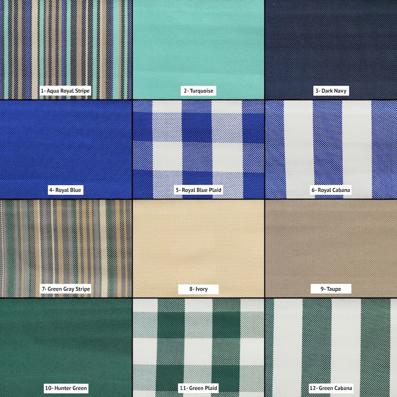 May include: A grid of twelve fabric swatches featuring various patterns and colors: 1-Aqua Royal Stripe, 2-Turquoise, 3-Dark Navy, 4-Royal Blue, 5-Royal Blue Plaid, 6-Royal Cabana, 7-Green Gray Stripe, 8-Ivory, 9-Taupe, 10-Hunter Green, 11-Green Plaid, 12-Green Cabana.