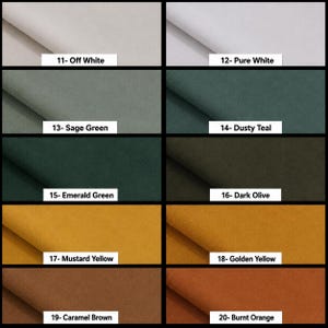 K&ouml;nnte beinhalten: Ein Raster aus zehn Stoffmustern in verschiedenen Farben, beschriftet mit Nummern und Namen: 11- Off White, 12- Pure White, 13- Sage Green, 14- Dusty Teal, 15- Emerald Green, 16- Dark Olive, 17- Mustard Yellow, 18- Golden Yellow, 19- Caramel Brown, 20- Burnt Orange.