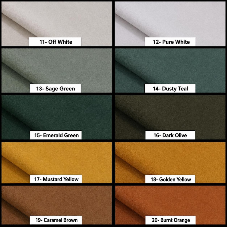 K&ouml;nnte beinhalten: Ein Raster aus zehn Stoffmustern in verschiedenen Farben, beschriftet mit Nummern und Namen: 11- Off White, 12- Pure White, 13- Sage Green, 14- Dusty Teal, 15- Emerald Green, 16- Dark Olive, 17- Mustard Yellow, 18- Golden Yellow, 19- Caramel Brown, 20- Burnt Orange.