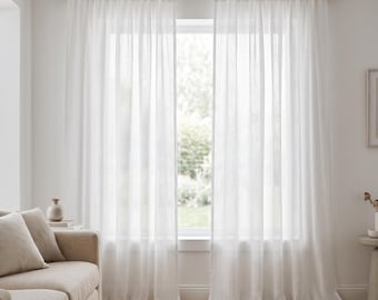 Langer Leinen-Vorhang, transparenter kurzer Fenstervorhang, maßgefertigte, offene Gardinen