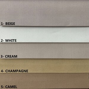May include: Five fabric swatches in different shades of beige, cream, and brown. The swatches are labeled 1-Beige, 2-White, 3-Cream, 4-Champagne, and 5-Camel.