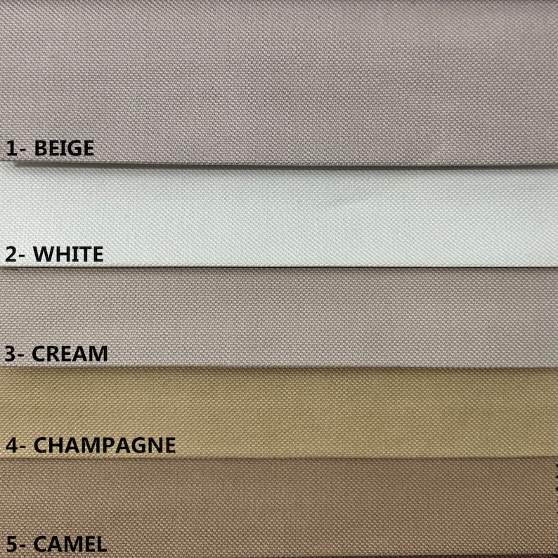 May include: Five fabric swatches in different shades of beige, cream, and brown. The swatches are labeled 1-Beige, 2-White, 3-Cream, 4-Champagne, and 5-Camel.