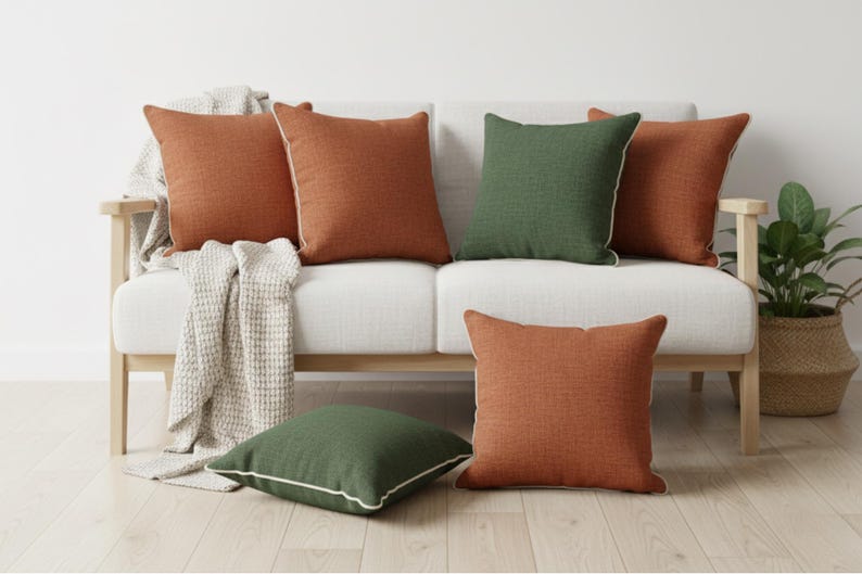May include: A modern living room scene featuring a white sofa with wooden legs, adorned with several square throw pillows. The pillows are in shades of rust orange and green, with white piping. A neutral-toned throw blanket and a potted plant complete the cozy setting.