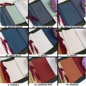May include: Swatch cards showing different fabric colors and textures. The colors include water green, pale navy blue, navy blue/white, navy blue, white, cream, cream 2, carmine red, and orange.