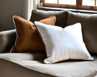 Piping 100% Linen Pillow Cover, Caramel Natural Linen Throw Pillow, White Linen Lumbar Pillow, Linen Euro Sham, Corded Linen Pillow Case