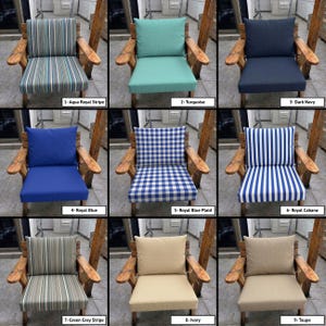 May include: A grid of nine wooden chairs featuring various outdoor cushion sets: 1-Aqua Royal Stripe, 2-Turquoise, 3-Dark Navy, 4-Royal Blue, 5-Royal Blue Plaid, 6-Royal Cabana, 7-Green Gray Stripe, 8-Ivory, and 9-Taupe, each labelled with its colour name.
