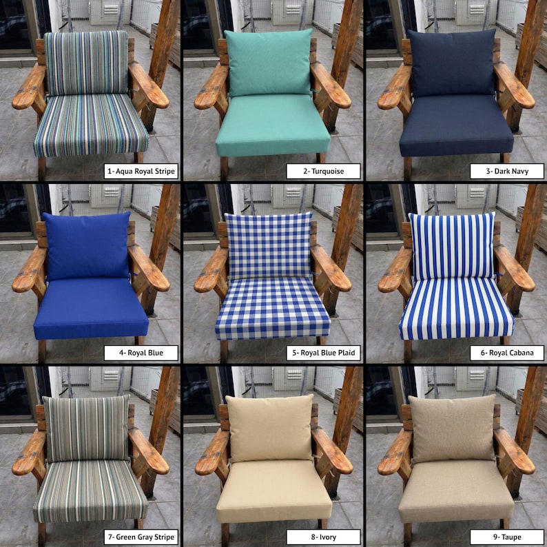 May include: A grid of nine wooden chairs featuring various outdoor cushion sets: 1-Aqua Royal Stripe, 2-Turquoise, 3-Dark Navy, 4-Royal Blue, 5-Royal Blue Plaid, 6-Royal Cabana, 7-Green Gray Stripe, 8-Ivory, and 9-Taupe, each labelled with its colour name.