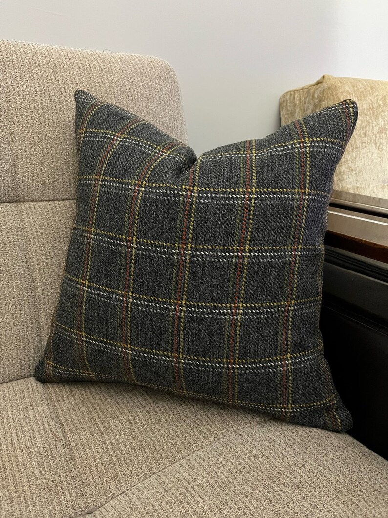 Dark Gray Plaid Pillow Cover Multicolor Striped Wool Pillow Etsy