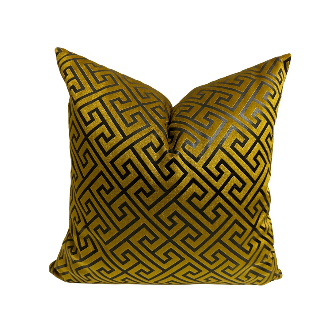 Luxury Mustard Velvet Throw Pillow Cover, Black Print Pillow Case