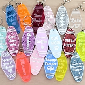 Retro motel keychain, funny and cute keychains engraved on acrylic choose your style and color