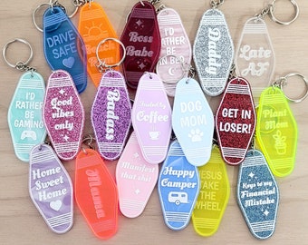 Retro motel keychain, funny and cute keychains engraved on acrylic choose your style and color