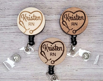 Nurse badge reel custom wood engraved retractable badge reel