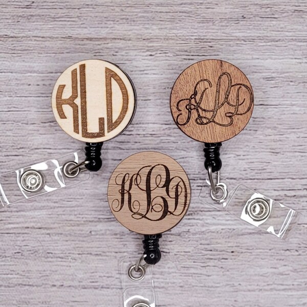 Monogram badge reel. Custom wood engraved retractable badge reel.