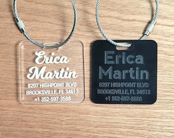 Custom luggage tag, Acrylic bag name tag engrave your name and details on a personalized suitcase tag.