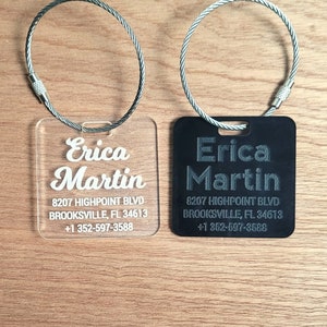 Custom luggage tag, Acrylic bag name tag engrave your name and details on a personalized suitcase tag.