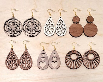 Wood earrings, Laser cut earrings in 11 styles and 3 wood colors | Trendy wooden boho earrings