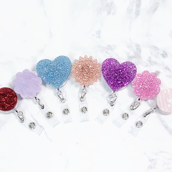 Cute badge reel, Flower & heart glitter badge reel, Choose from 21 colors and 4 styles of acrylic nurse badge reels.