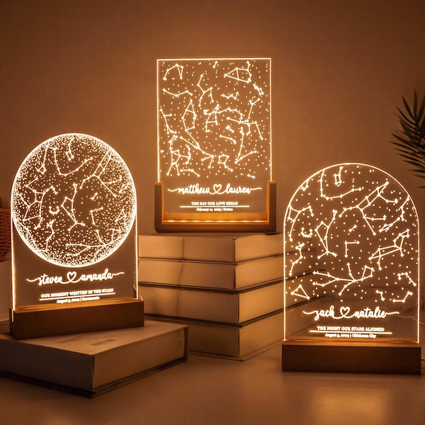 Custom Star Map Night Light, Anniversary Star Map by Date, The Night We Met Constellation, Personalized with Your Names and Location