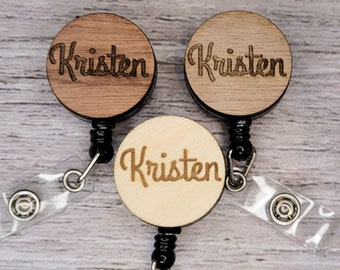 Name badge reel. Custom wood engraved retractable badge reel.