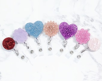 Cute badge reel, Flower & heart glitter badge reel, Choose from 21 colors and 4 styles of acrylic nurse badge reels.